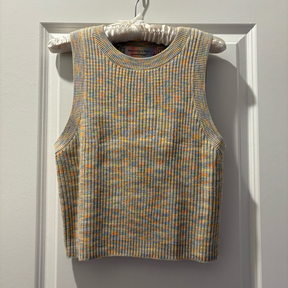 cropped Ribbed Multicolor Knit Tank Top - Yellow/Blue/Pink